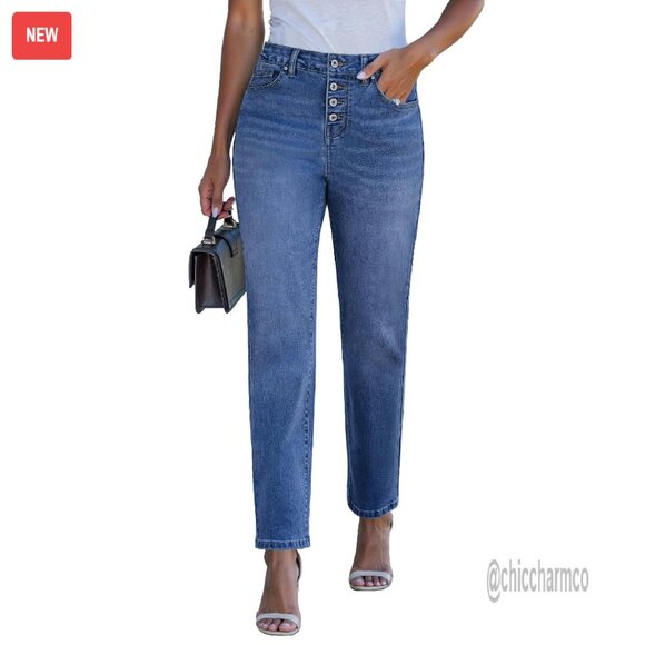High Waist Straight Leg Jeans Stretchy Denim Button Fly Pockets